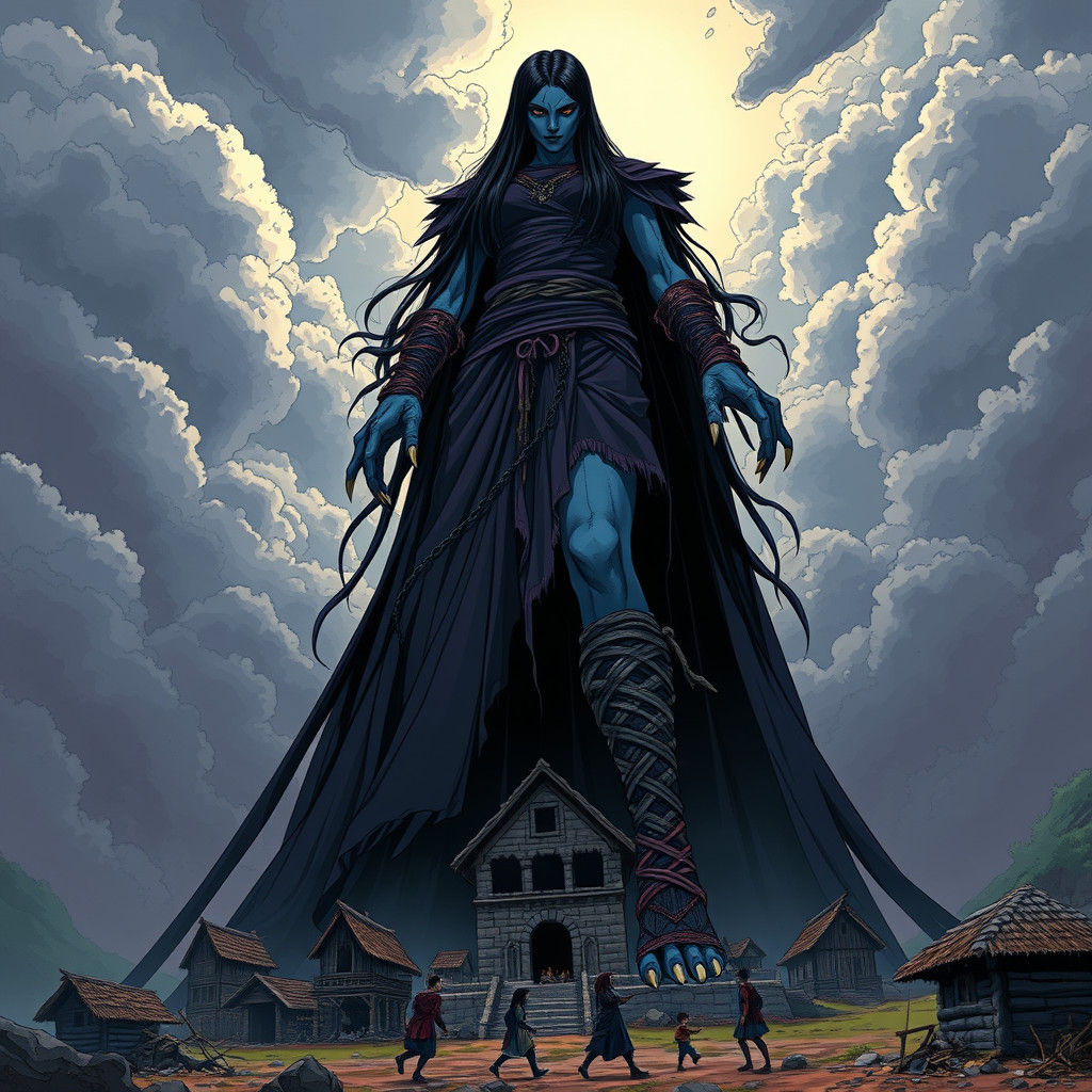 Towering Dark Woman in Anime Style Illustration