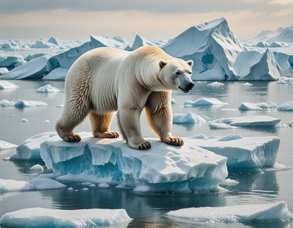 Hyper-Realistic Polar Bear on Melting Iceberg in Oil Paintin...