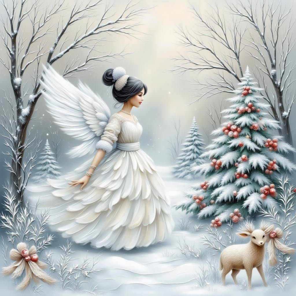 Ethereal Winter Woman in Sparkly Gown Among Hoarfrost Trees