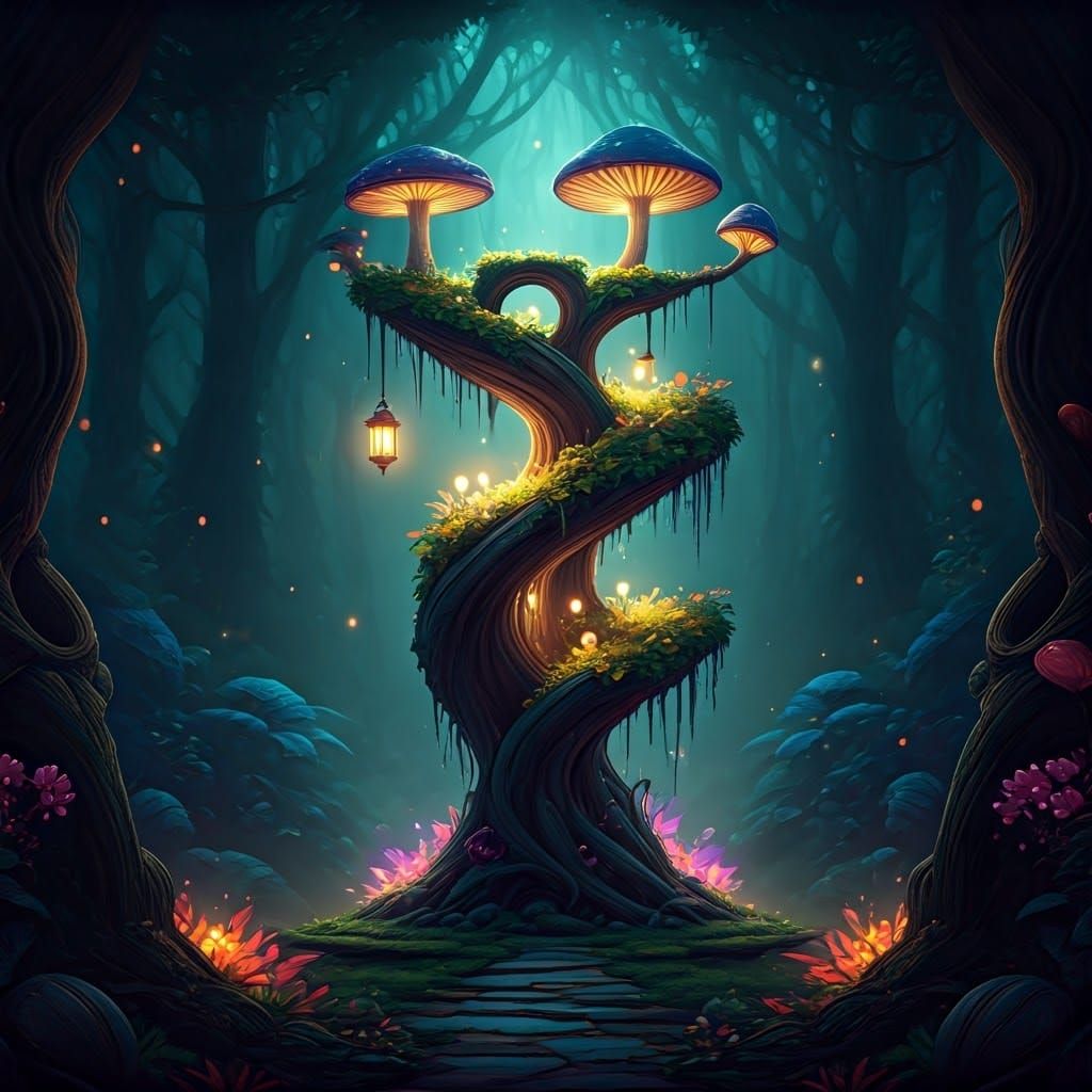 Fantasy Cat Tree with Glowing Mushrooms