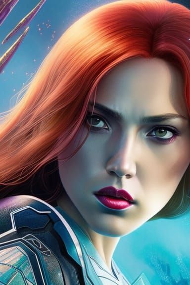 Underwater Black Widow Portrait in Watercolor Style