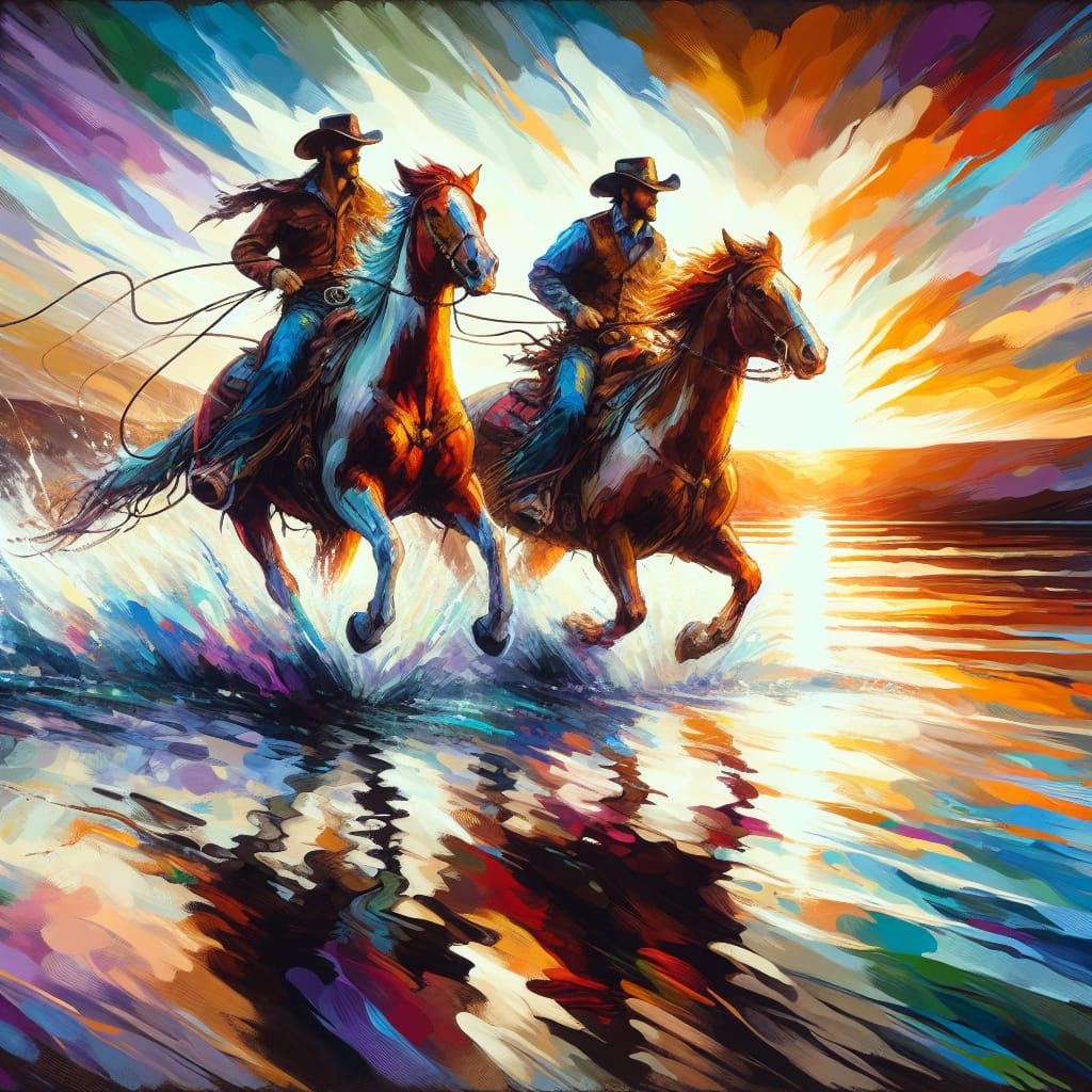 Cowboys Galloping Across River at Sunset