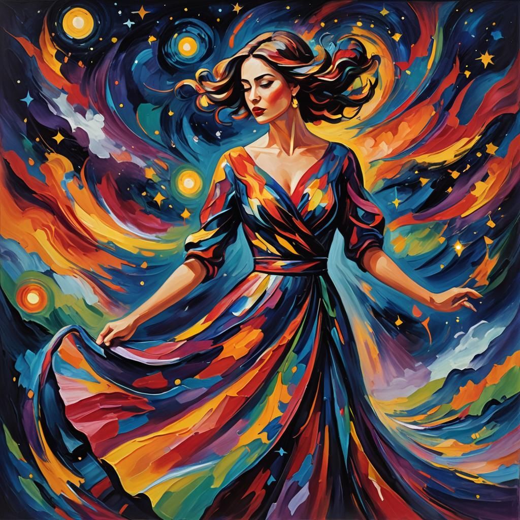 Expressionist Woman in Starry Landscape Portrait