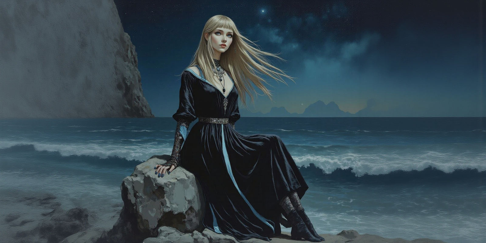 Norse Woman with Opal Pendant on Rocky Shore