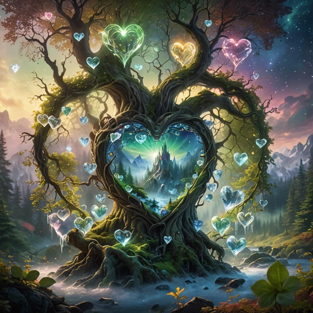 Mystical Crystal Heart on Ancient Tree