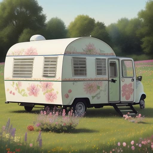Painted Caravan in Summer Flower Meadow