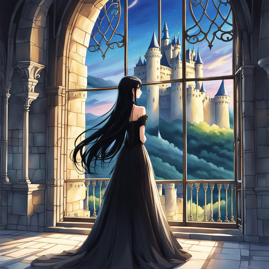 Anime Princess Staring Out Window in Castle
