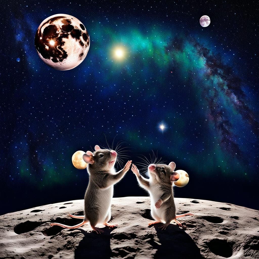Chibi Mice High Five on the Moon