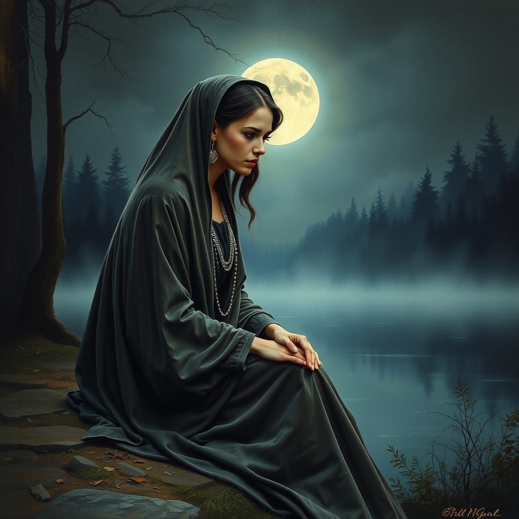 Surreal Moonlit Portrait of a Woman in Velvet Cloak