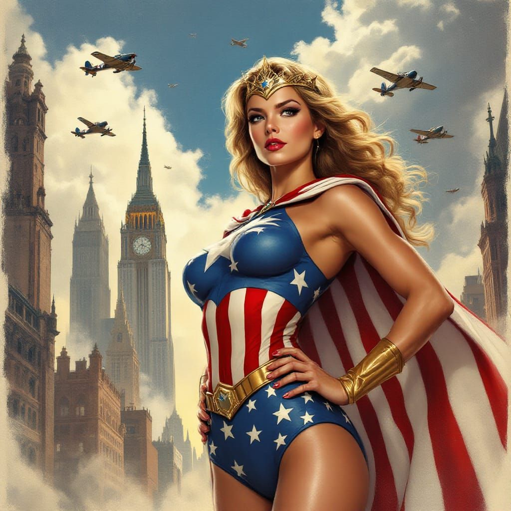 Miss America Superhero in Vintage Comic Book Style