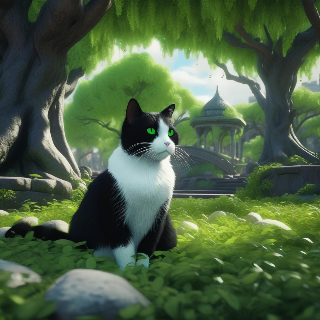 Detailed Matte Painting of Black and White Cat