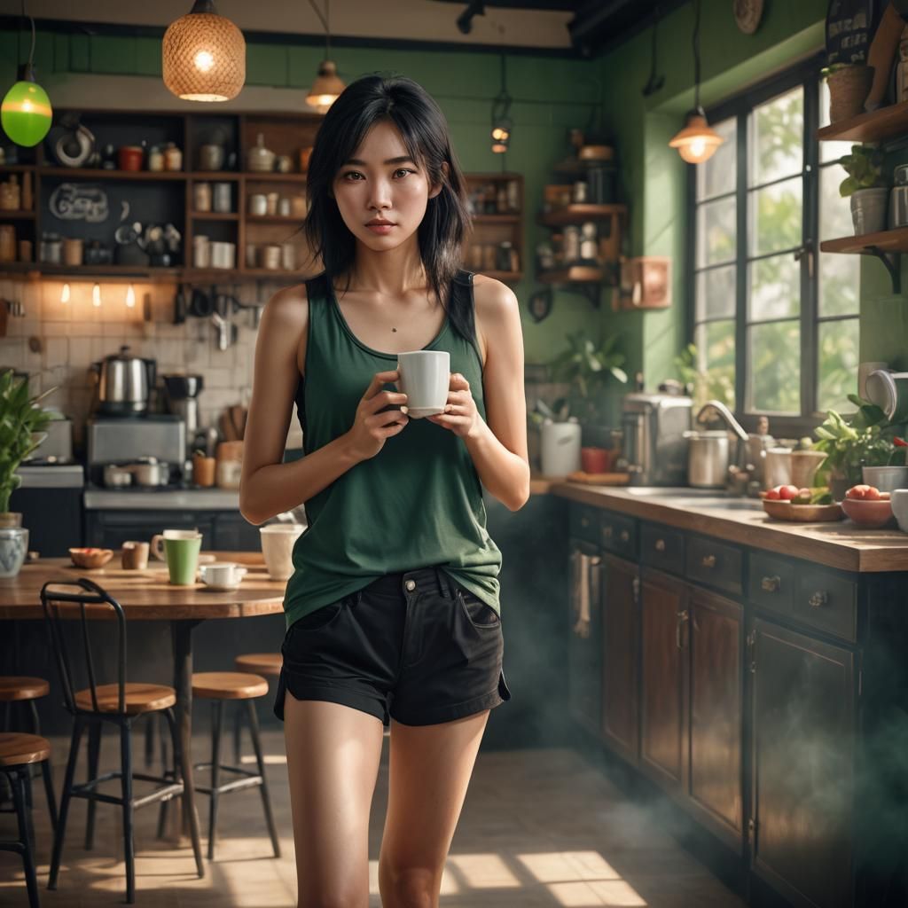 Hyperrealistic Portrait of Woman with Coffee Cup