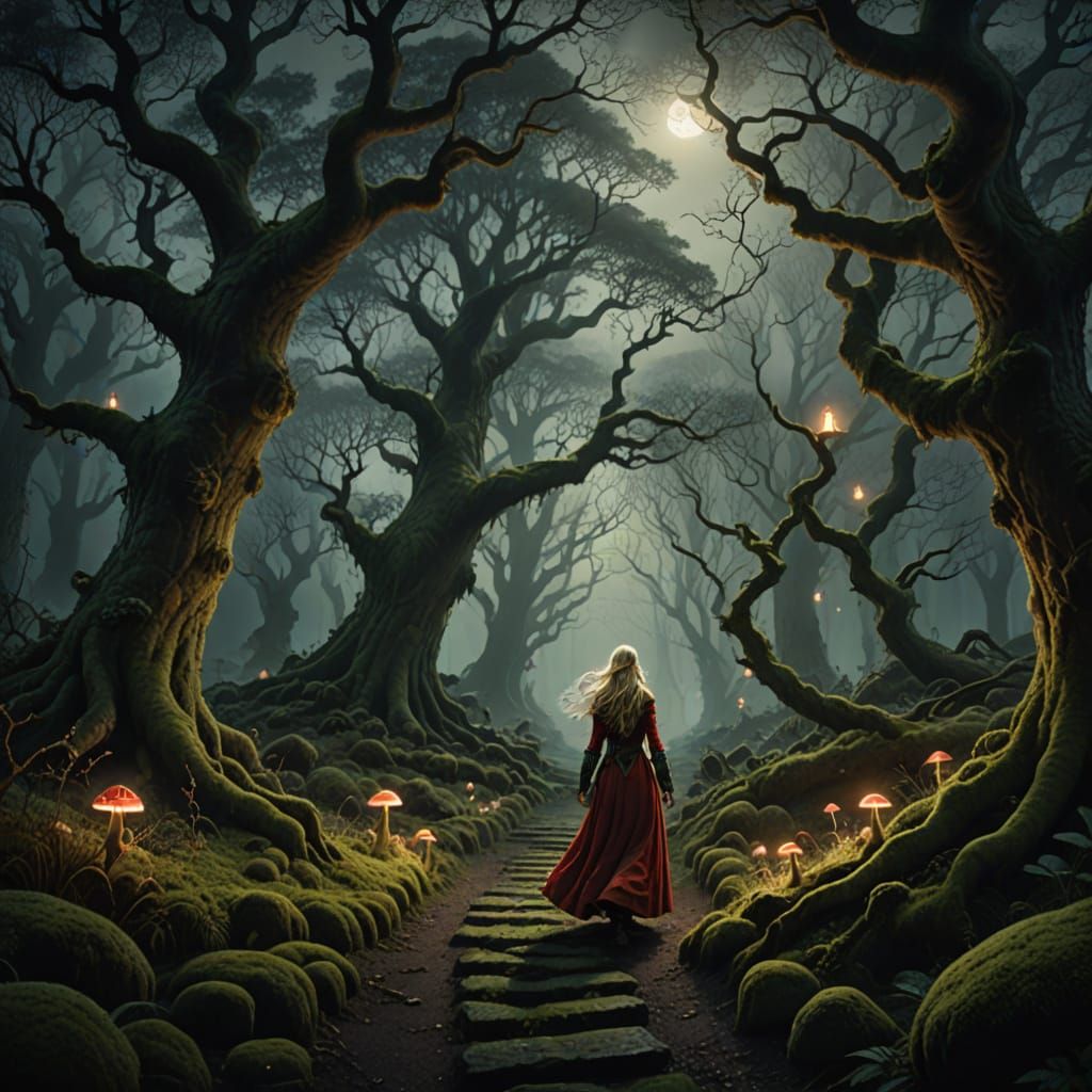 Mystical Forest Path with Viking and Maiden