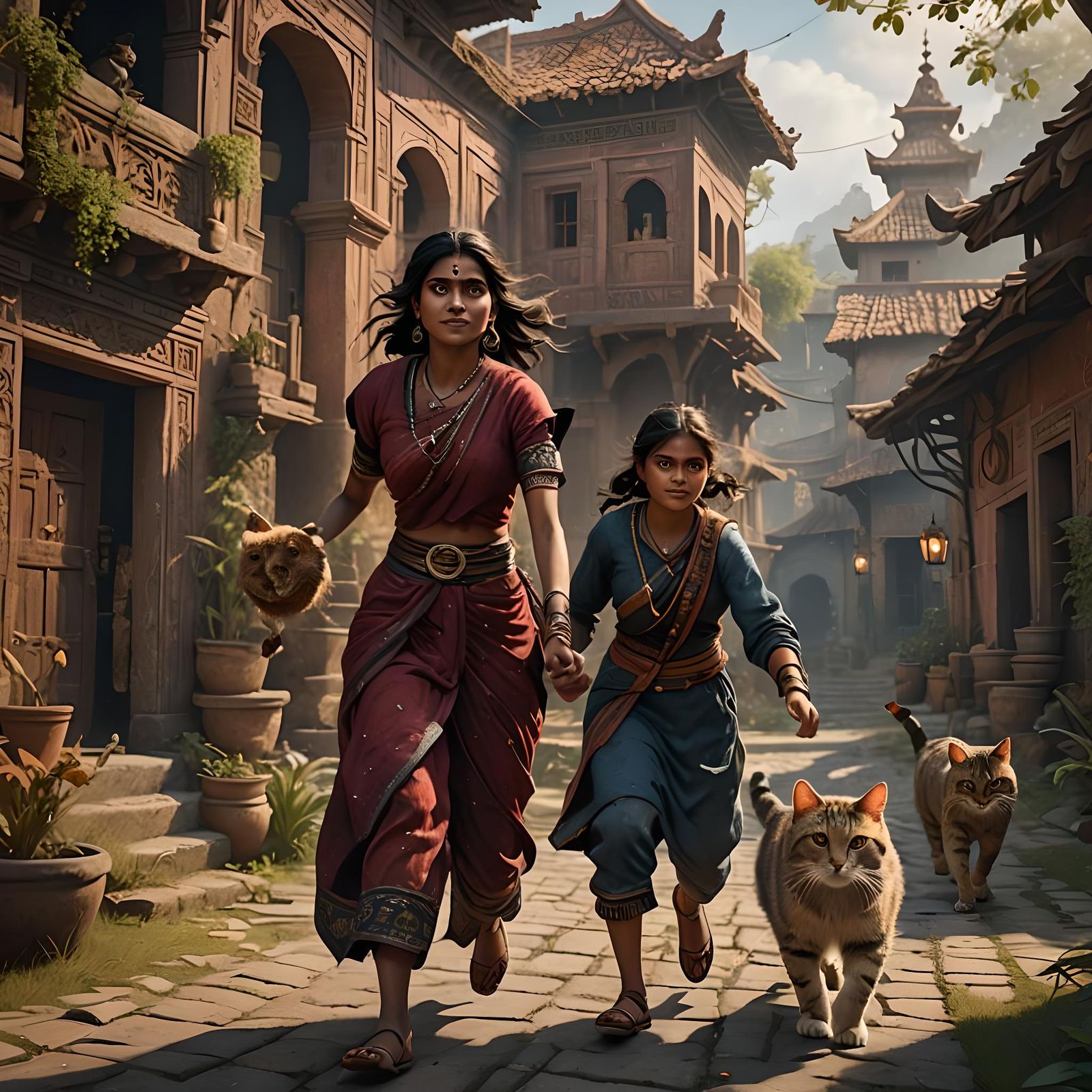 Indian Girl and Cat in Detailed Matte Painting