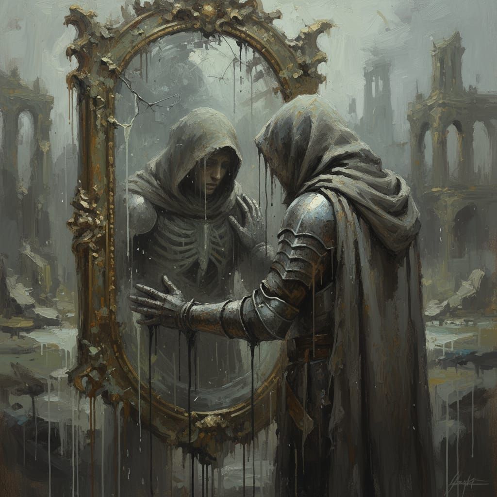 High Fantasy Figure Gazes Into Fractured Mirror