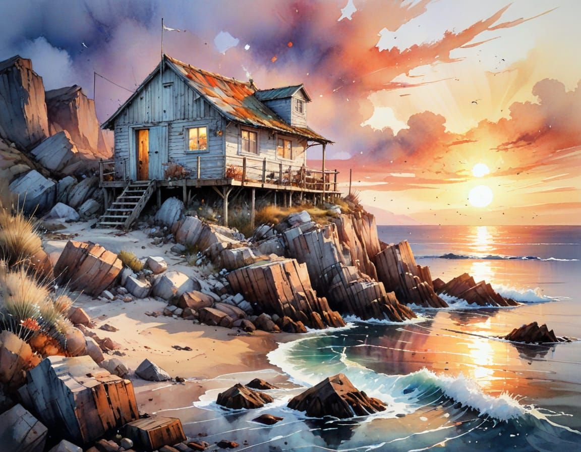 Seaside Hut at Sunset: a Watercolor Illustration