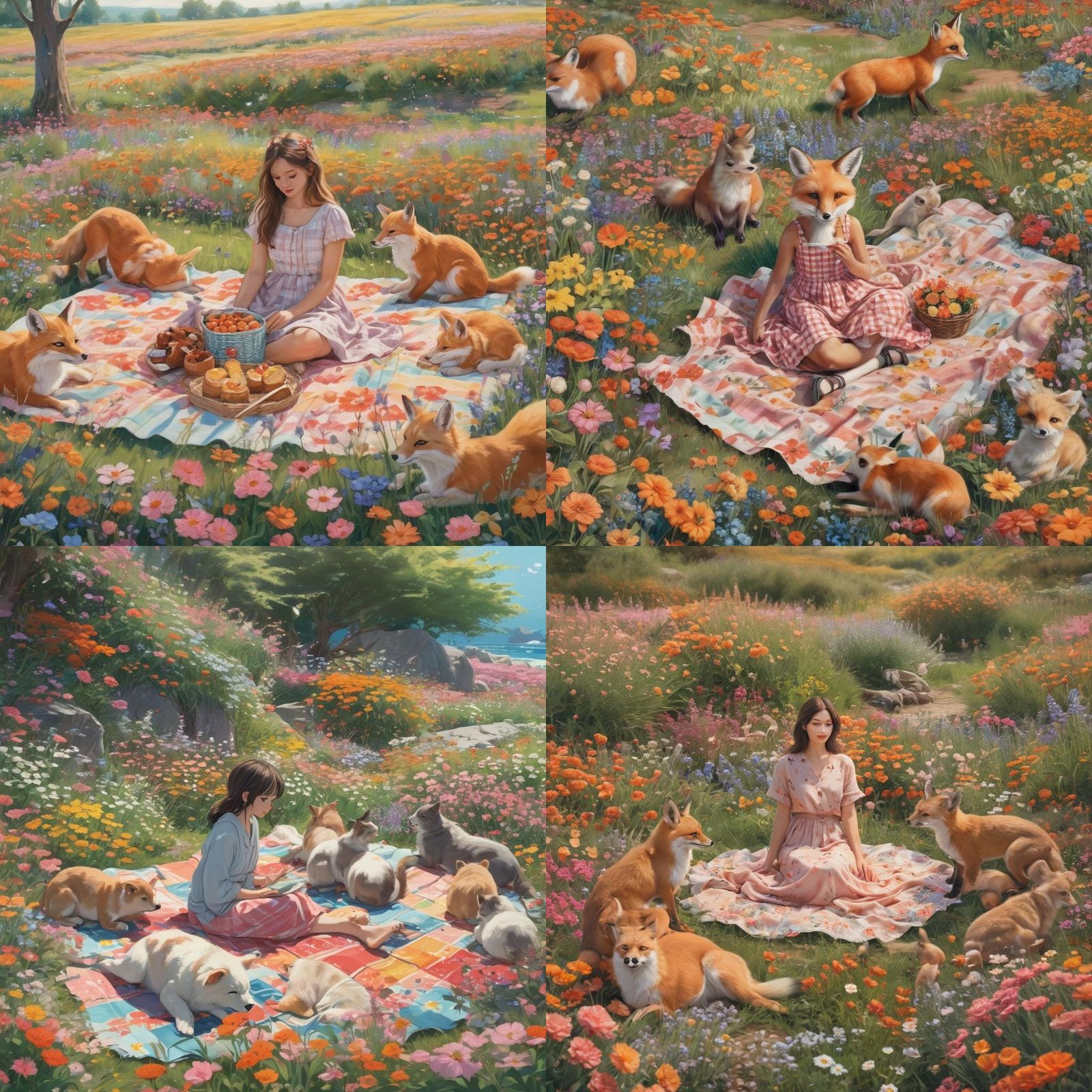 Picnic in Flower Field: Painterly Acrylic Art