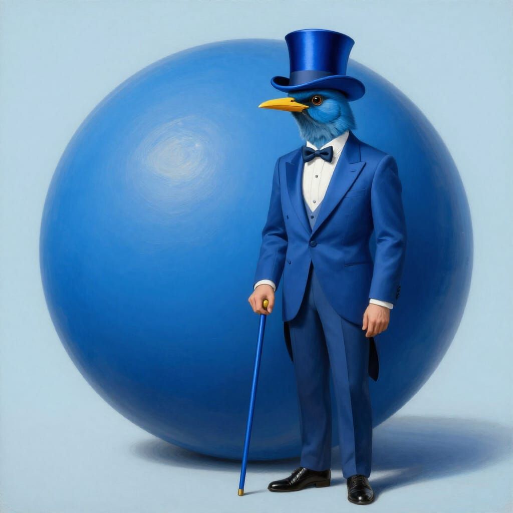 Surreal Bluebird Man with Top Hat and Cane