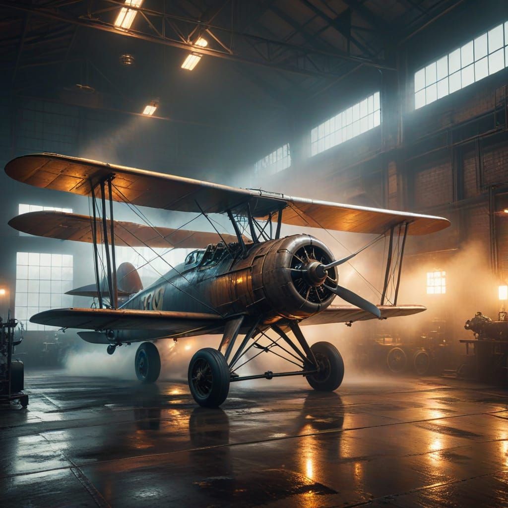 Vintage Aircraft in Industrial Era Oil Painting