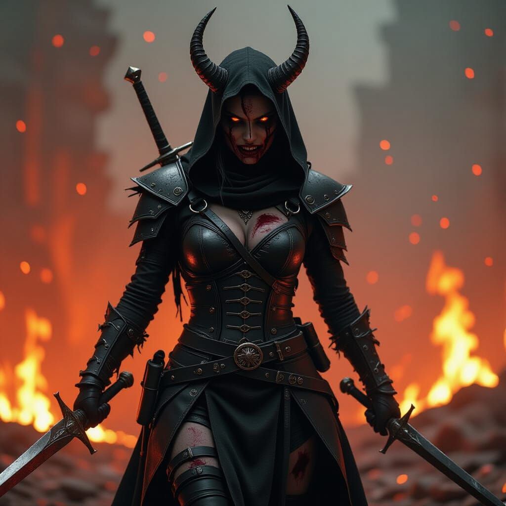 Undead Devil Rogue in Hellish Flames, Dark Fantasy Style