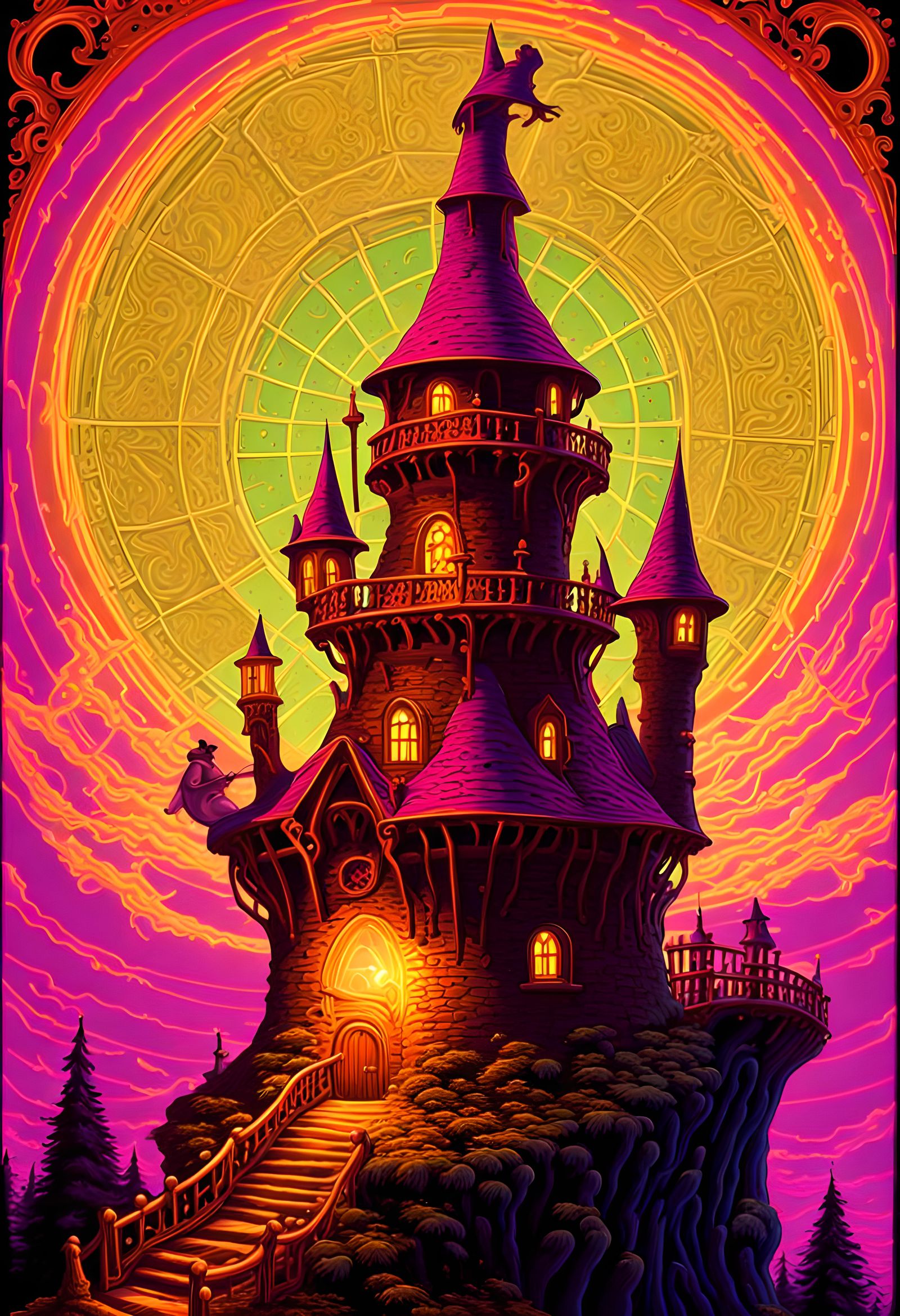 Whimsical neon wizard's tower