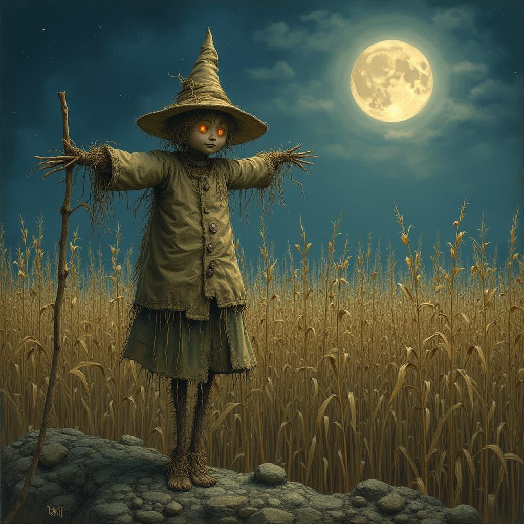 Scarecrow Transformed by Ethereal Vines in Moonlit Field