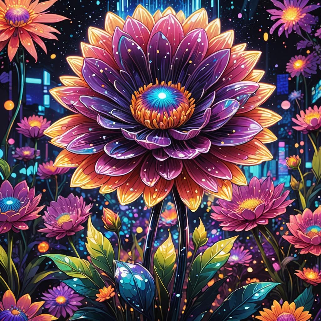 Neon Manga Flower in Futuristic Iridescent Garden