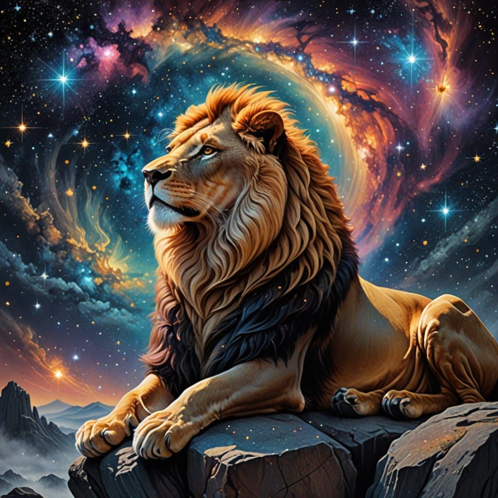 Majestic Lion Basks in Cosmic Glory with Swirling Galaxy Man...