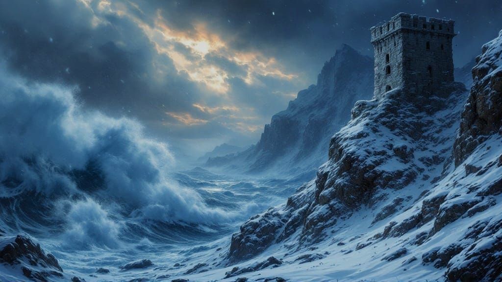Frozen Watchtower in Dark Fantasy Landscape