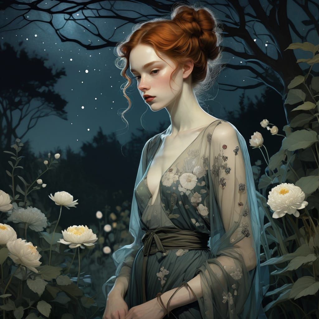Night Garden Flowers in Art Nouveau Style