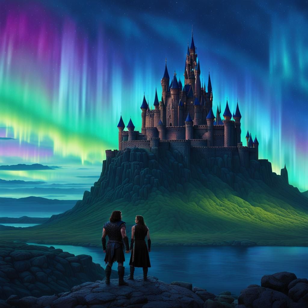 Conan in Stained Glass Castle Under Aurora