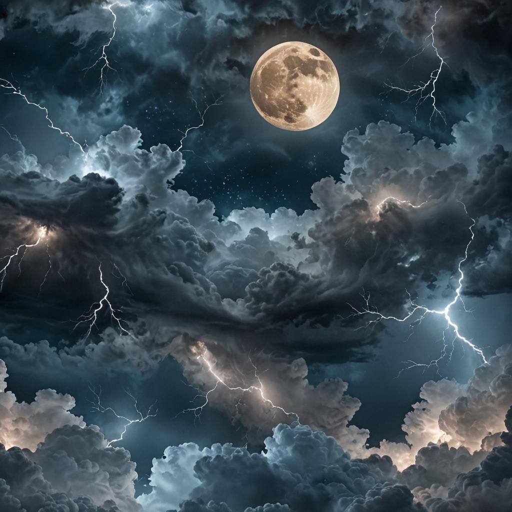 Celestial Moon Amidst Storm in Whimsical Fantasy