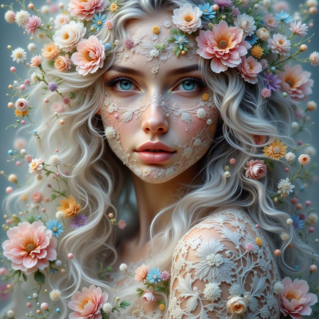 Lace-Adorned Woman Portrait with Pastel Flowers in Fractal S...