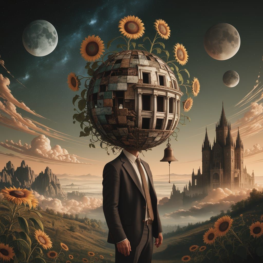 Surreal Dreamscape: Man with Building Head in Starry Sky