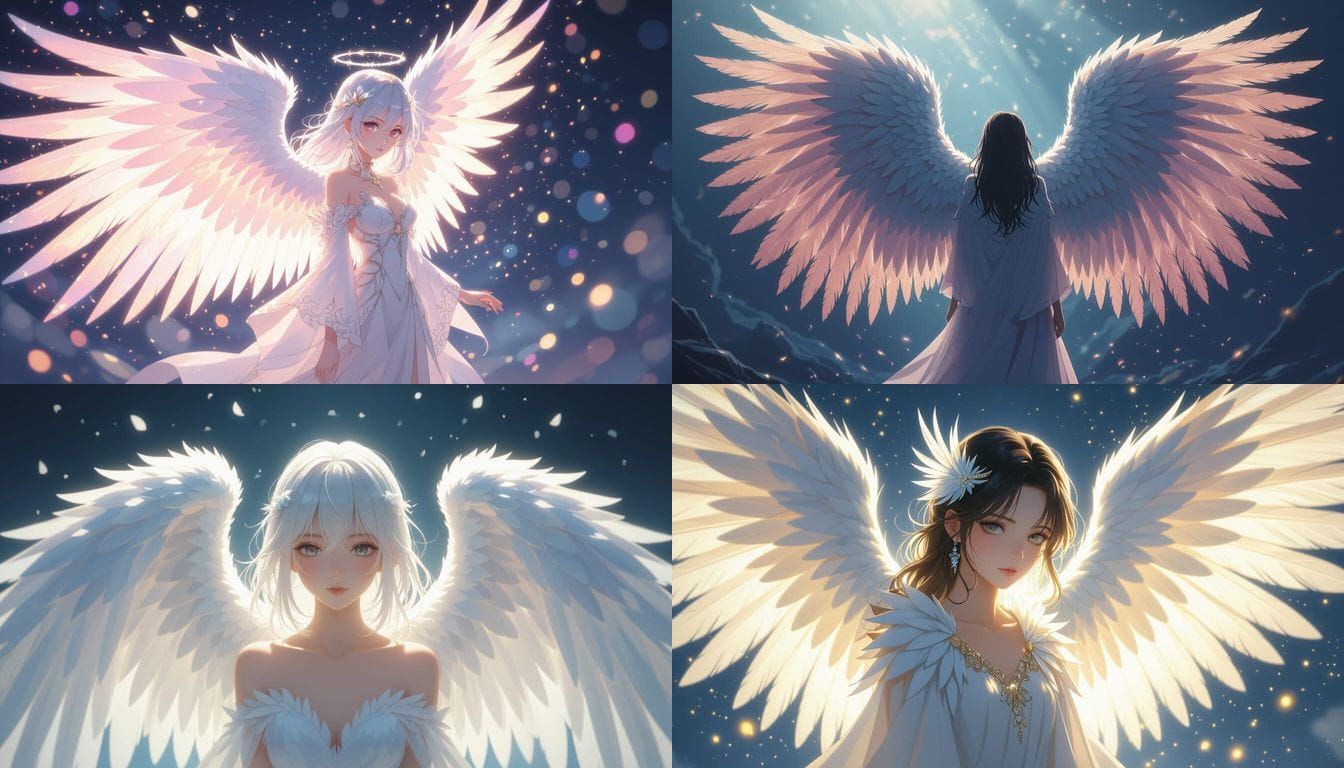 Anime Angel with Glowing Realistic Feathers