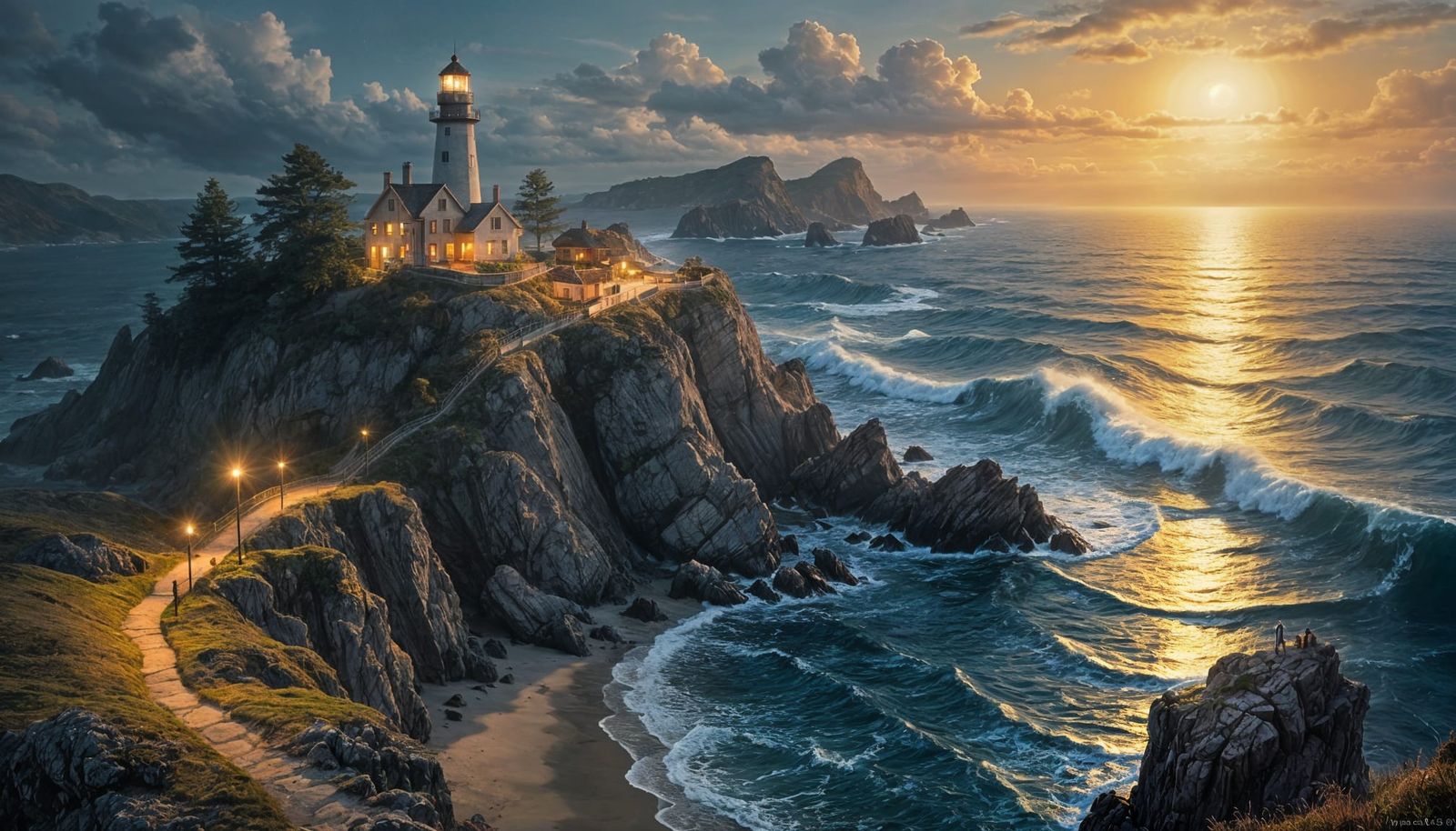 Lighthouse on Rocky Cliff at Sunset in Storybook Style