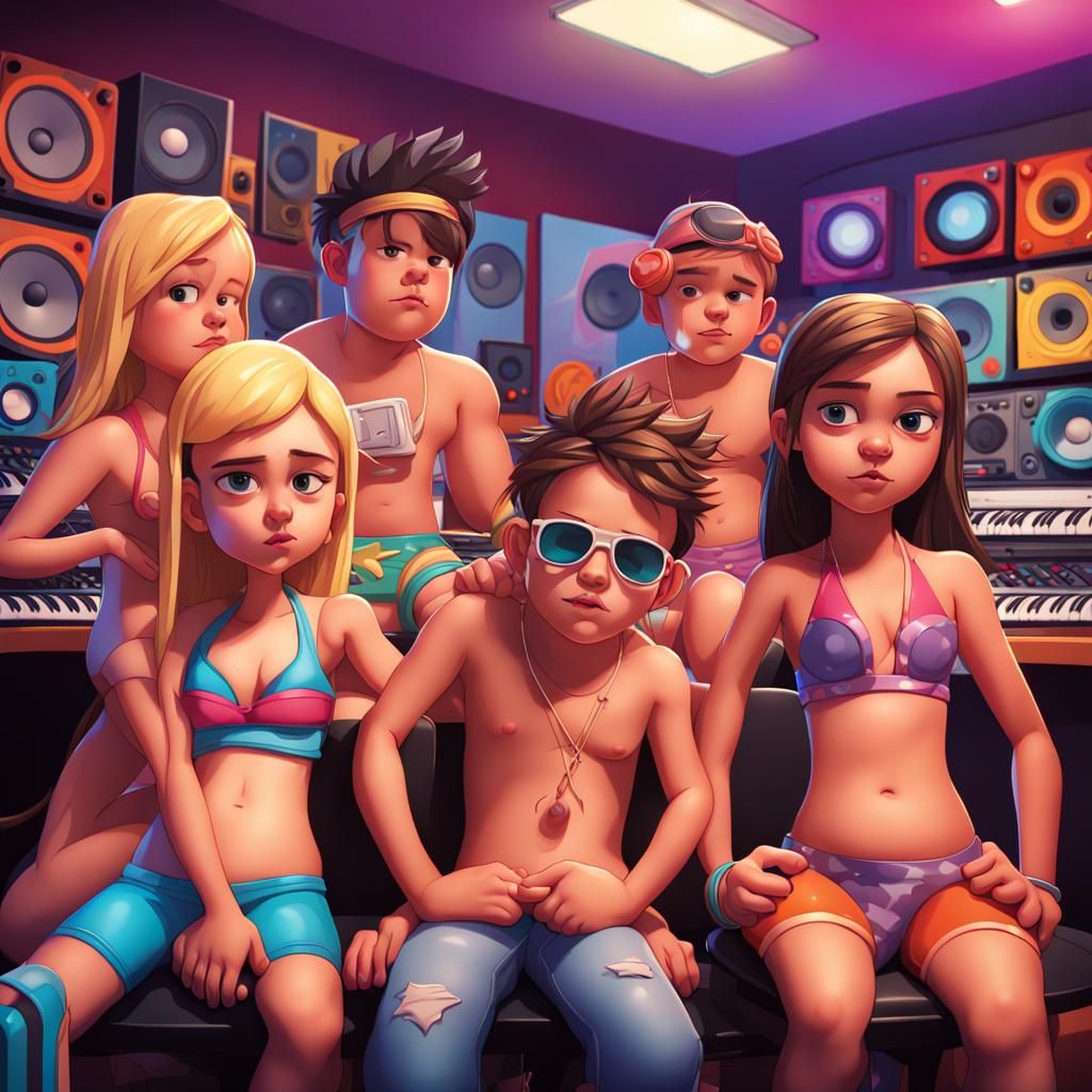 Cartoon Art: Young Musicians in Music Studio