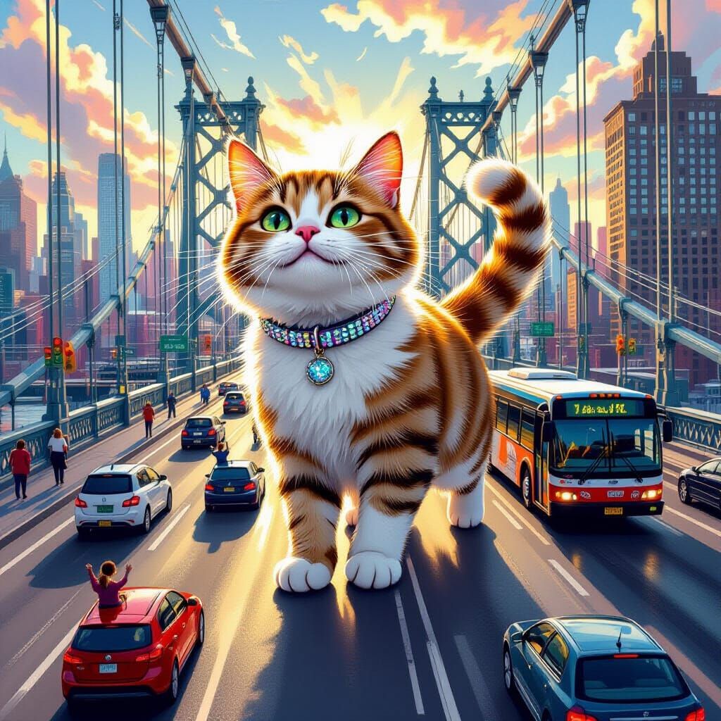 Giant Cat Traffic Jam on City Bridge