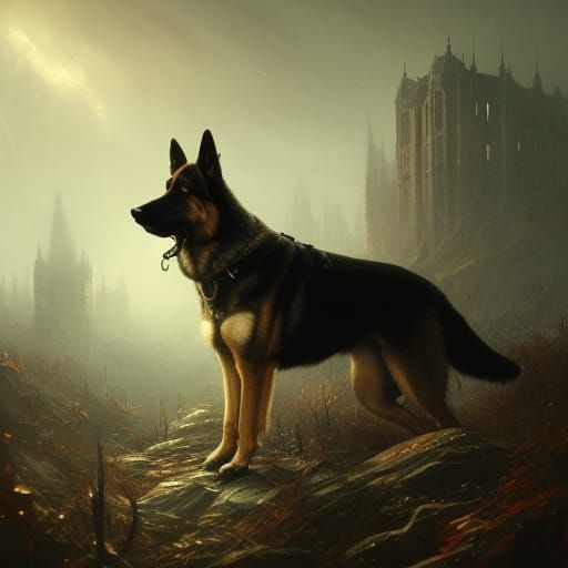 Royal German Shepherd in Dark Fantasy Concept Art