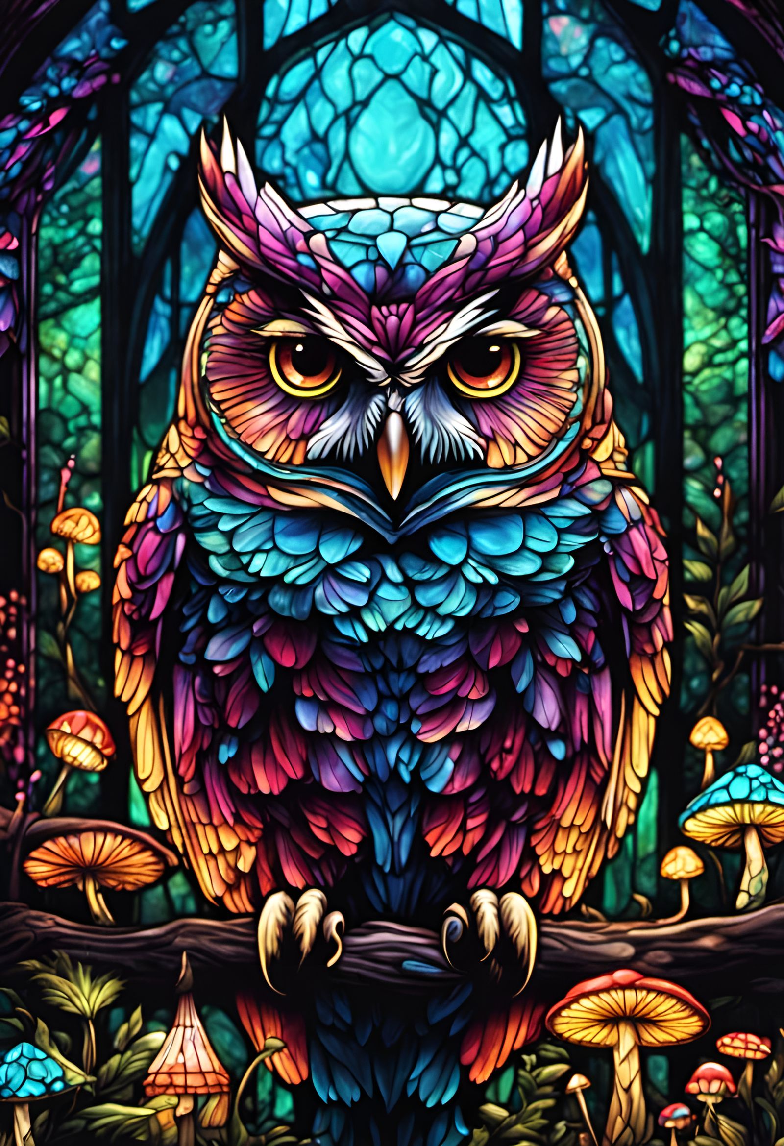Bioluminescent Owl in Stained Glass Forest