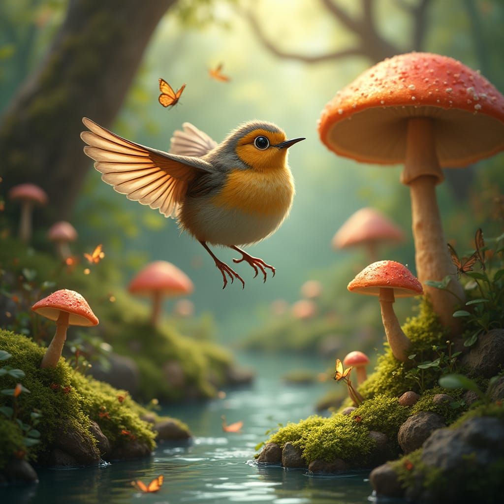 Whimsical Wren Takes Flight in Vibrant Mossy Forest