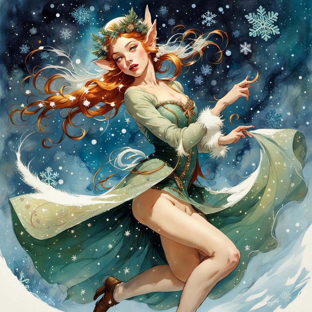 Festive Elf Dance in Winter Magic, Watercolor Art