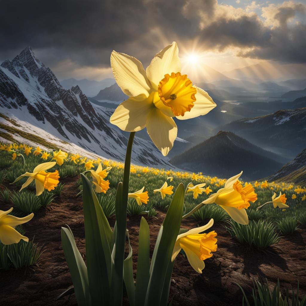 Lone Daffodil Reaching for Sunlight on Mountain Top