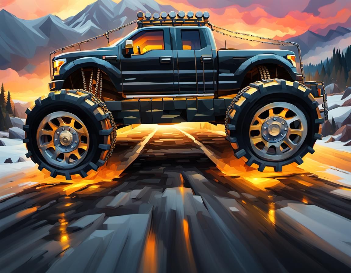 Black Armored Ford Pickup on Mountain Road in Low-Poly Art