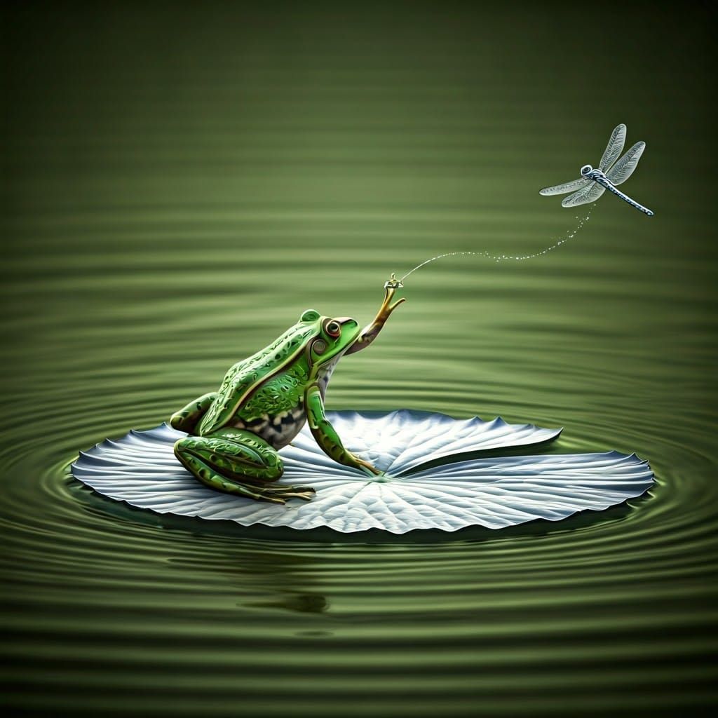 Silver Dragonfly Hunt: Hyperrealistic Pond Scene