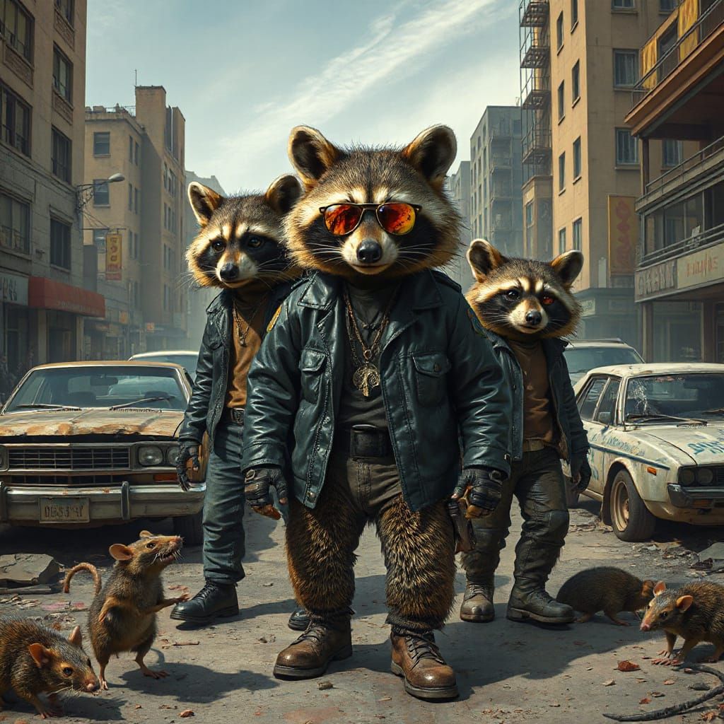 Cyberpunk Raccoon Gang in Post-Apocalyptic Cityscape