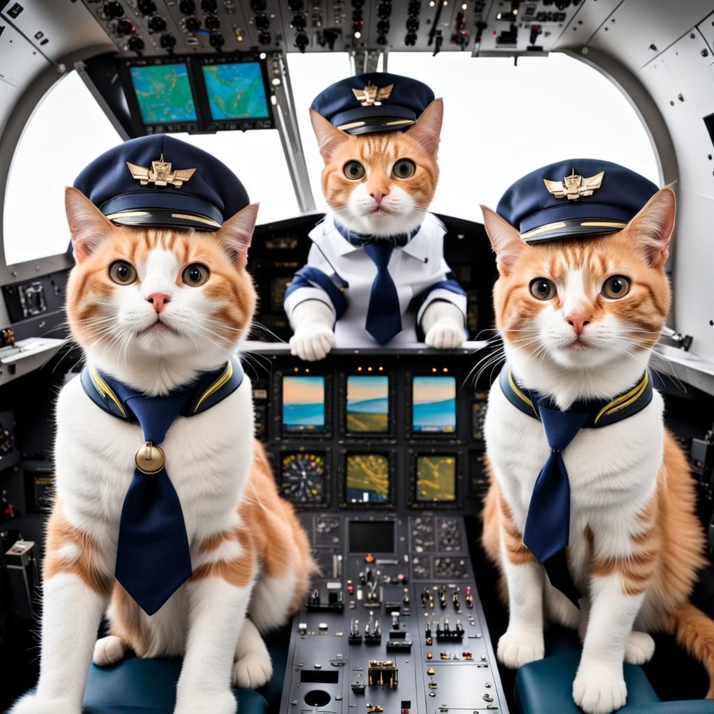 Cats in Pilot Uniforms Flying a Commercial Jet