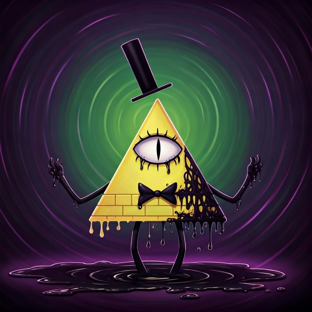 Melting Bill Cipher Crying in a Dystopian Landscape
