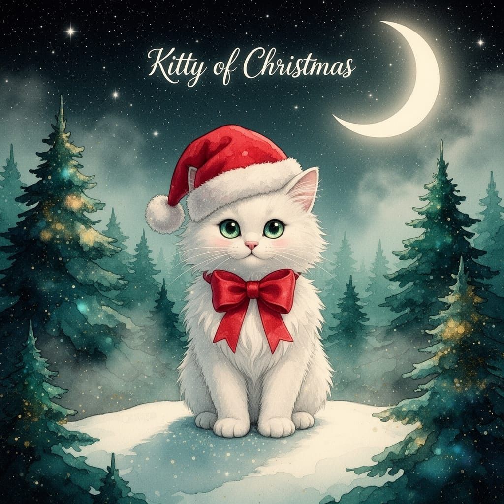 Kawaii Christmas Cat Under Starry Night Moon