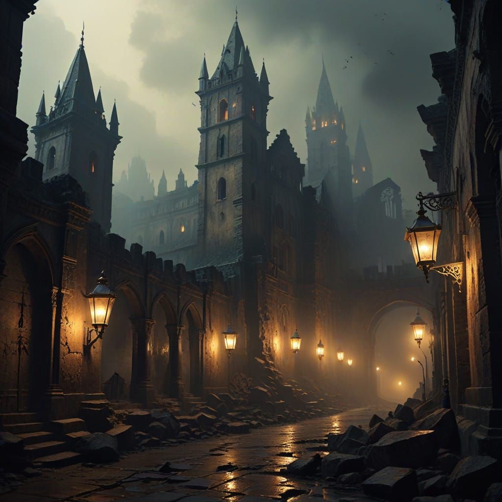 Menacing Darkness Over Ancient City in Ominous Oil Style